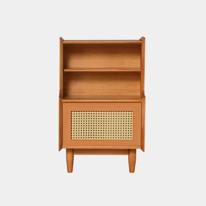 Traditional Rustic Solid Wood Multi-Layer Board Rattan Weaving Rectangular Nightstand With 2-Cabinet For Bedroom