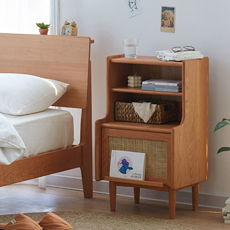 Traditional Rustic Solid Wood Multi-Layer Board Rattan Weaving Rectangular Nightstand With 2-Cabinet For Bedroom