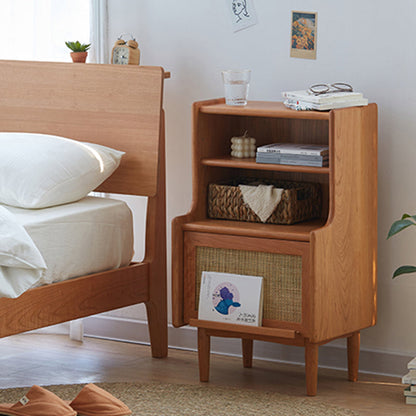 Traditional Rustic Solid Wood Multi-Layer Board Rattan Weaving Rectangular Nightstand With 2-Cabinet For Bedroom