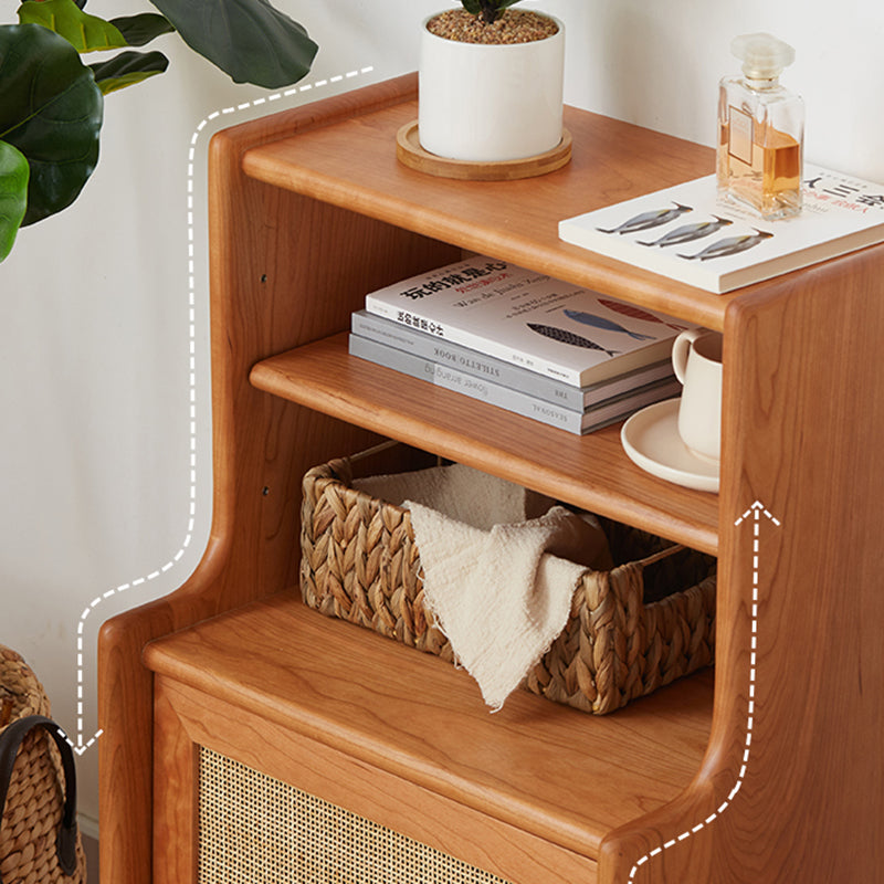 Traditional Rustic Solid Wood Multi-Layer Board Rattan Weaving Rectangular Nightstand With 2-Cabinet For Bedroom