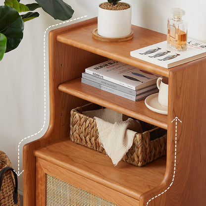 Traditional Rustic Solid Wood Multi-Layer Board Rattan Weaving Rectangular Nightstand With 2-Cabinet For Bedroom