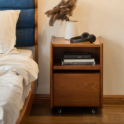 Modern Mid-Century Cherry Wood Solid Wood Multi-Layer Board Rectangular Movable Nightstand 1-Drawer For Bedroom