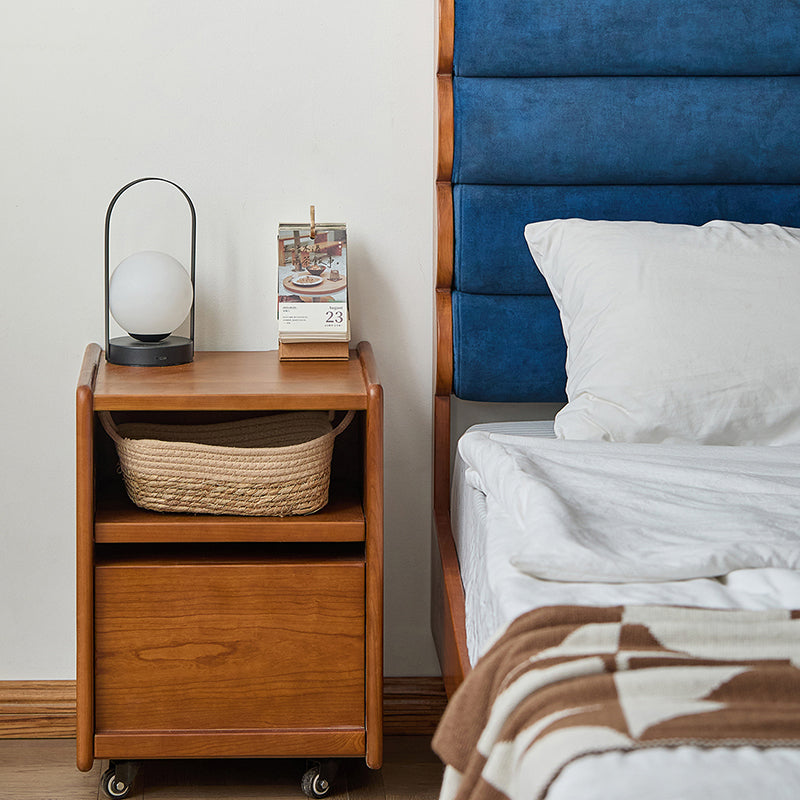 Modern Mid-Century Cherry Wood Solid Wood Multi-Layer Board Rectangular Movable Nightstand 1-Drawer For Bedroom