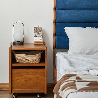 Modern Mid-Century Cherry Wood Solid Wood Multi-Layer Board Rectangular Movable Nightstand 1-Drawer For Bedroom