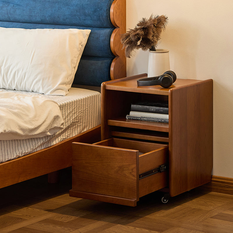 Modern Mid-Century Cherry Wood Solid Wood Multi-Layer Board Rectangular Movable Nightstand 1-Drawer For Bedroom