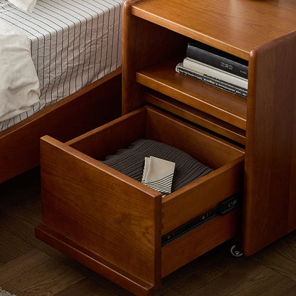 Modern Mid-Century Cherry Wood Solid Wood Multi-Layer Board Rectangular Movable Nightstand 1-Drawer For Bedroom