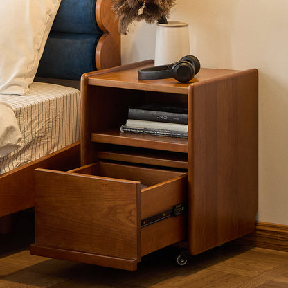 Modern Mid-Century Cherry Wood Solid Wood Multi-Layer Board Rectangular Movable Nightstand 1-Drawer For Bedroom