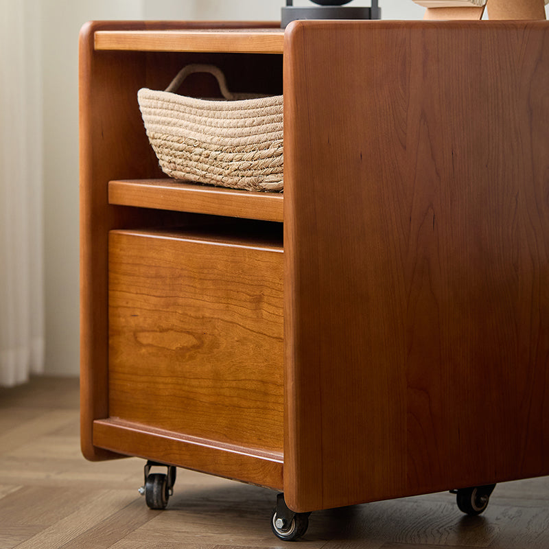 Modern Mid-Century Cherry Wood Solid Wood Multi-Layer Board Rectangular Movable Nightstand 1-Drawer For Bedroom