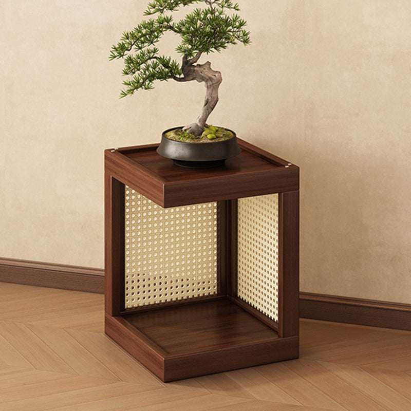Traditional Rustic Rubberwood Plastic Rattan Weaving Rectangular Floor-Standing Storage Display Rack 2-Tier For Living Room