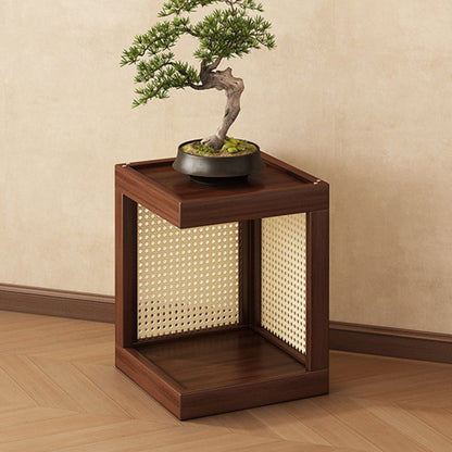 Traditional Rustic Rubberwood Plastic Rattan Weaving Rectangular Floor-Standing Storage Display Rack 2-Tier For Living Room