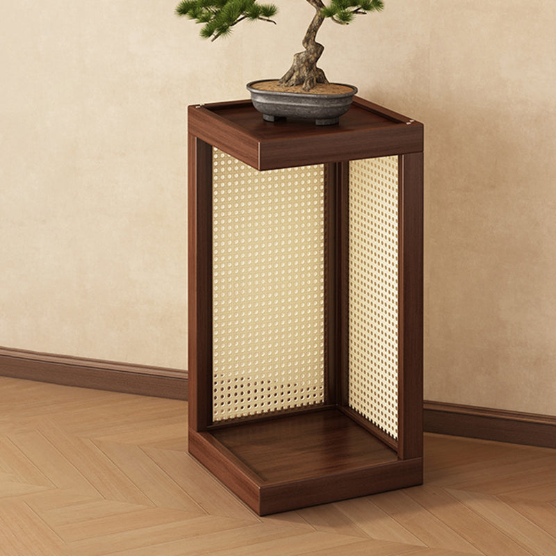 Traditional Rustic Rubberwood Plastic Rattan Weaving Rectangular Floor-Standing Storage Display Rack 2-Tier For Living Room