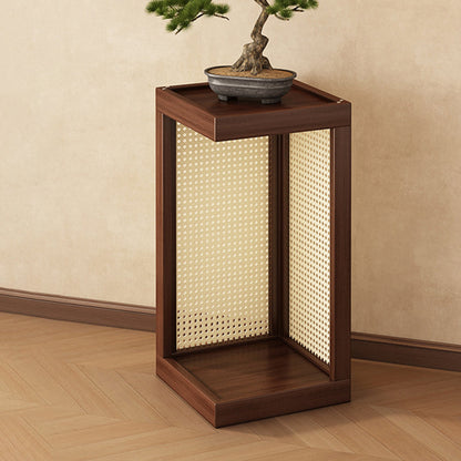 Traditional Rustic Rubberwood Plastic Rattan Weaving Rectangular Floor-Standing Storage Display Rack 2-Tier For Living Room