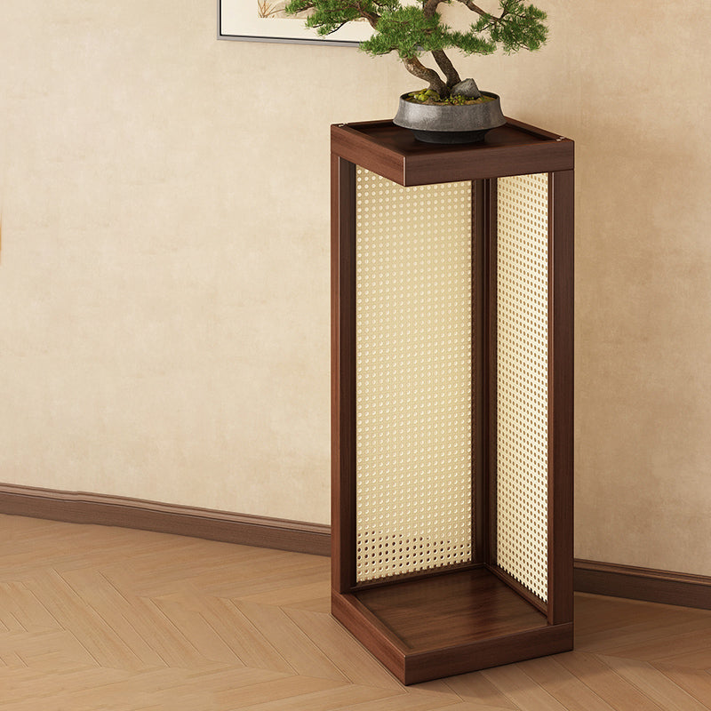 Traditional Rustic Rubberwood Plastic Rattan Weaving Rectangular Floor-Standing Storage Display Rack 2-Tier For Living Room