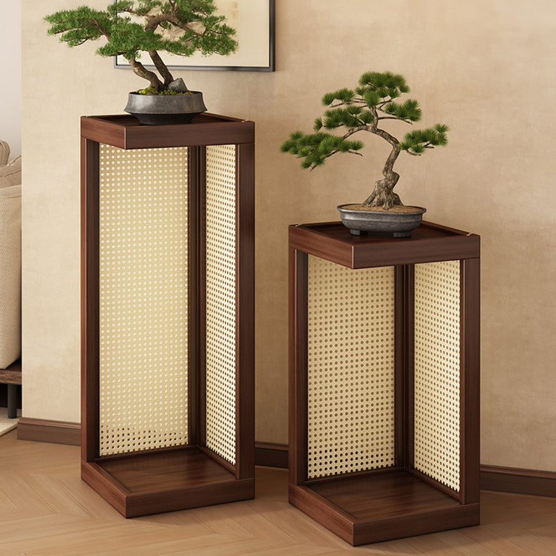 Traditional Rustic Rubberwood Plastic Rattan Weaving Rectangular Floor-Standing Storage Display Rack 2-Tier For Living Room