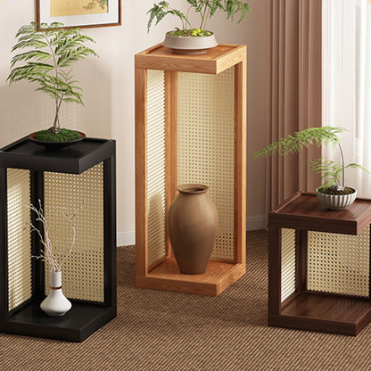 Traditional Rustic Rubberwood Plastic Rattan Weaving Rectangular Floor-Standing Storage Display Rack 2-Tier For Living Room