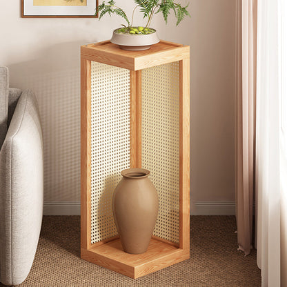 Traditional Rustic Rubberwood Plastic Rattan Weaving Rectangular Floor-Standing Storage Display Rack 2-Tier For Living Room