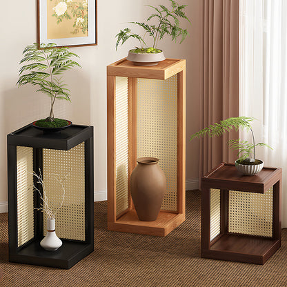 Traditional Rustic Rubberwood Plastic Rattan Weaving Rectangular Floor-Standing Storage Display Rack 2-Tier For Living Room