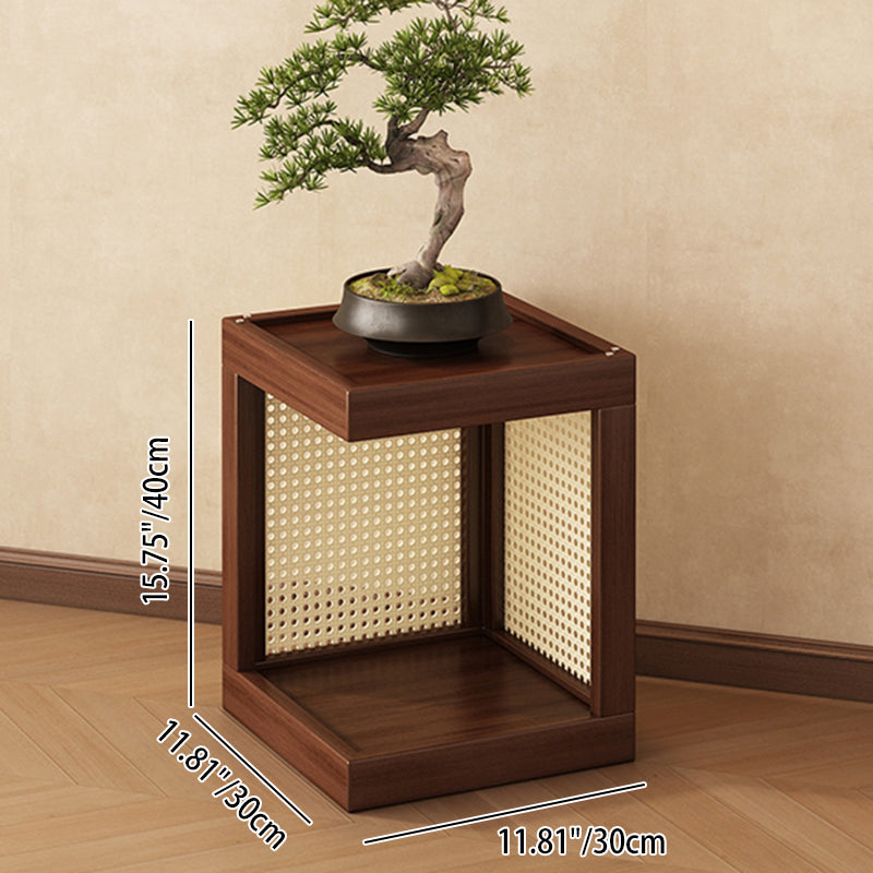 Traditional Rustic Rubberwood Plastic Rattan Weaving Rectangular Floor-Standing Storage Display Rack 2-Tier For Living Room
