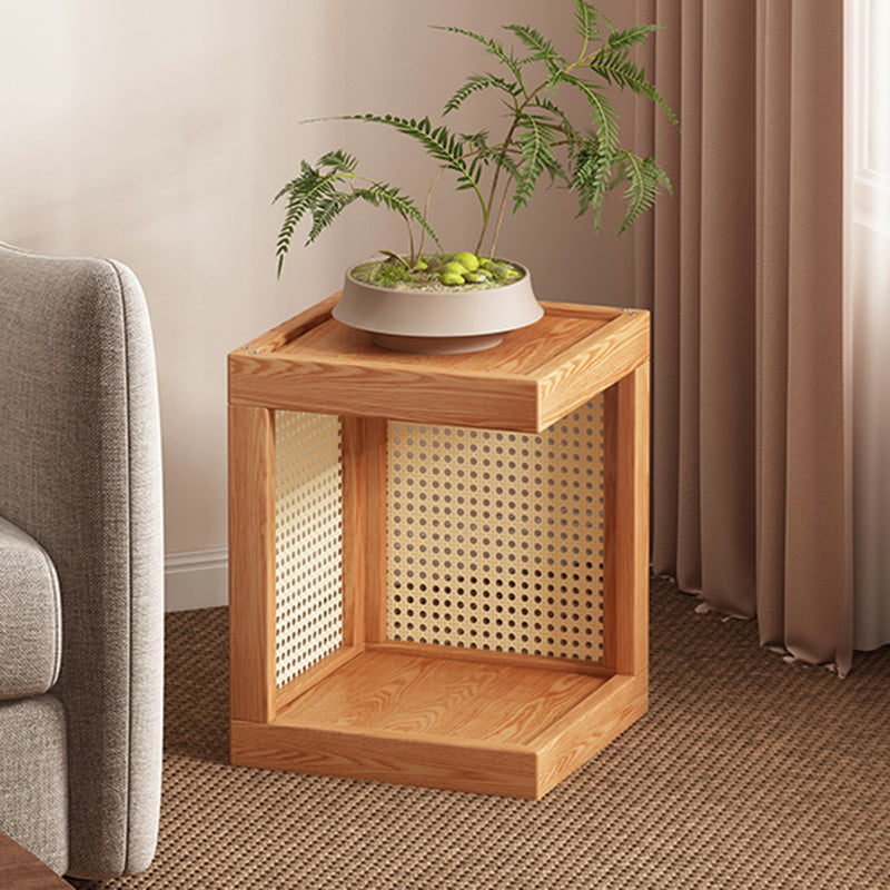 Traditional Rustic Rubberwood Plastic Rattan Weaving Rectangular Floor-Standing Storage Display Rack 2-Tier For Living Room