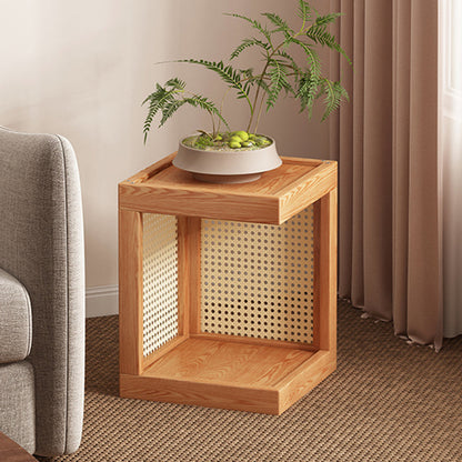 Traditional Rustic Rubberwood Plastic Rattan Weaving Rectangular Floor-Standing Storage Display Rack 2-Tier For Living Room