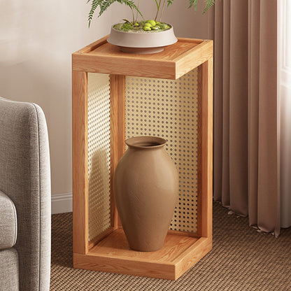 Traditional Rustic Rubberwood Plastic Rattan Weaving Rectangular Floor-Standing Storage Display Rack 2-Tier For Living Room