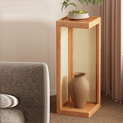 Traditional Rustic Rubberwood Plastic Rattan Weaving Rectangular Floor-Standing Storage Display Rack 2-Tier For Living Room