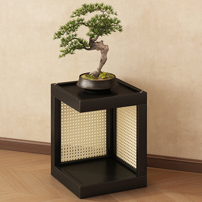 Traditional Rustic Rubberwood Plastic Rattan Weaving Rectangular Floor-Standing Storage Display Rack 2-Tier For Living Room