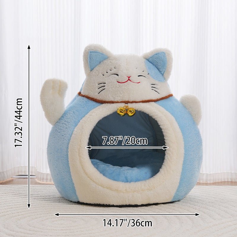 Modern Art Deco Cartoon Fortune Cat-Shaped Arctic Velvet PP Cotton Sponge 1-Tier Cozy Cat Bed For Living Room & Bedroom
