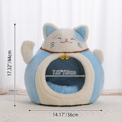 Modern Art Deco Cartoon Fortune Cat-Shaped Arctic Velvet PP Cotton Sponge 1-Tier Cozy Cat Bed For Living Room & Bedroom