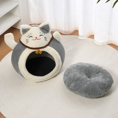 Modern Art Deco Cartoon Fortune Cat-Shaped Arctic Velvet PP Cotton Sponge 1-Tier Cozy Cat Bed For Living Room & Bedroom