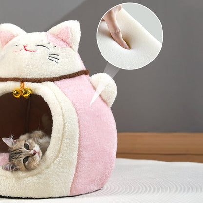 Modern Art Deco Cartoon Fortune Cat-Shaped Arctic Velvet PP Cotton Sponge 1-Tier Cozy Cat Bed For Living Room & Bedroom