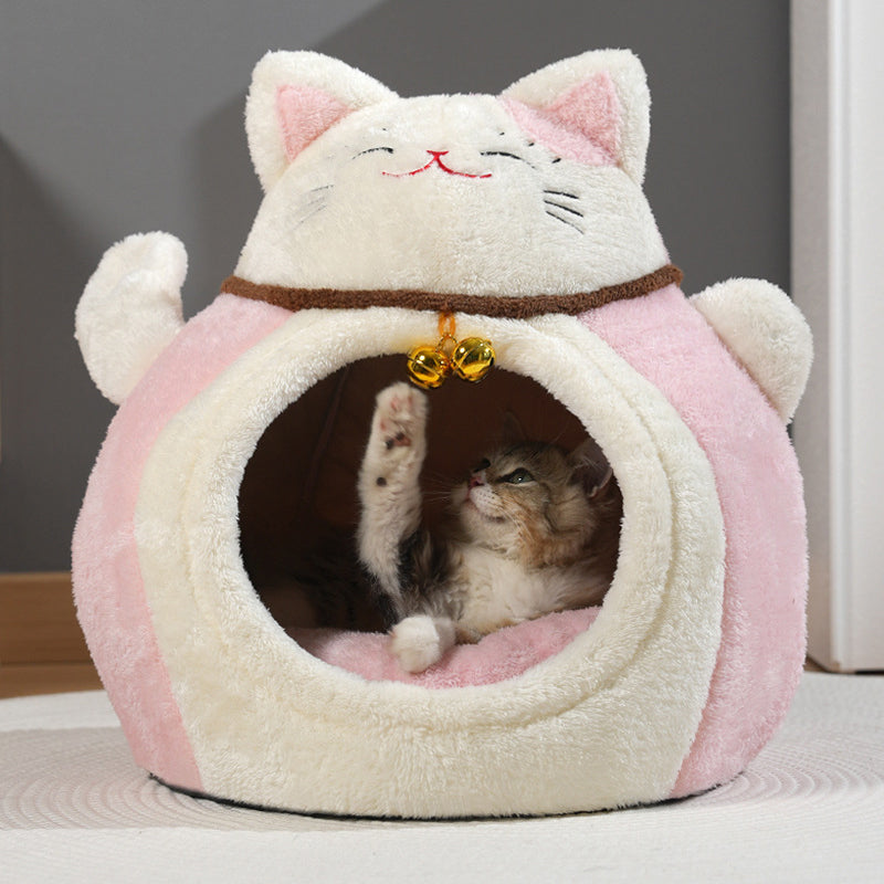 Modern Art Deco Cartoon Fortune Cat-Shaped Arctic Velvet PP Cotton Sponge 1-Tier Cozy Cat Bed For Living Room & Bedroom
