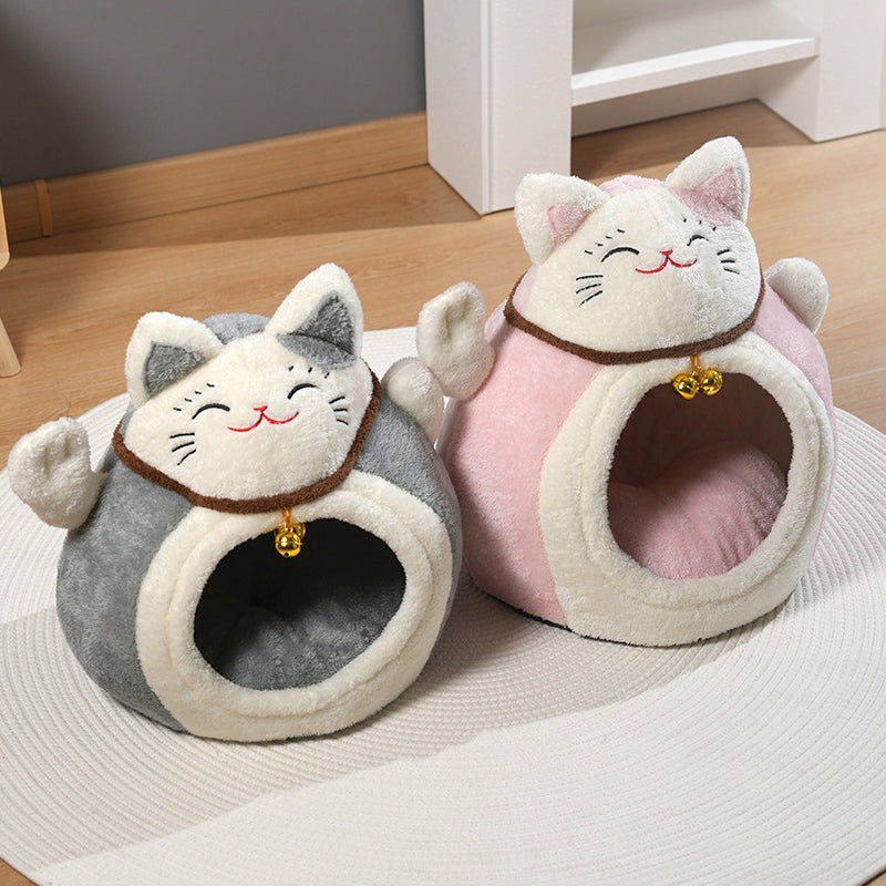 Modern Art Deco Cartoon Fortune Cat-Shaped Arctic Velvet PP Cotton Sponge 1-Tier Cozy Cat Bed For Living Room & Bedroom