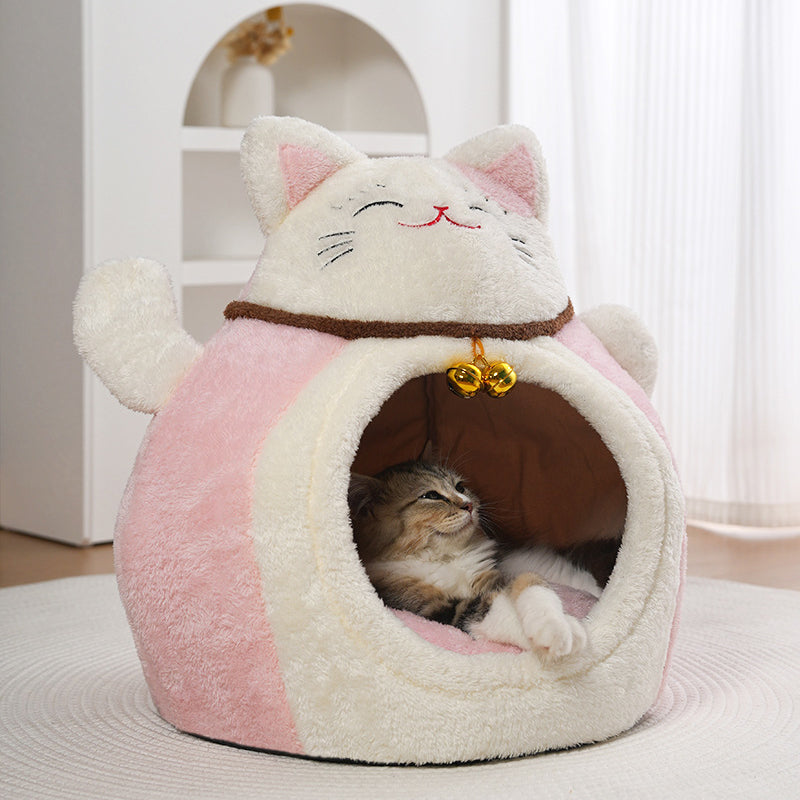 Modern Art Deco Cartoon Fortune Cat-Shaped Arctic Velvet PP Cotton Sponge 1-Tier Cozy Cat Bed For Living Room & Bedroom