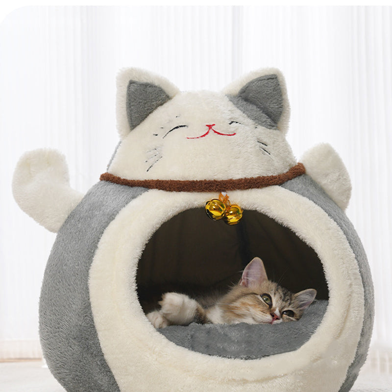 Modern Art Deco Cartoon Fortune Cat-Shaped Arctic Velvet PP Cotton Sponge 1-Tier Cozy Cat Bed For Living Room & Bedroom