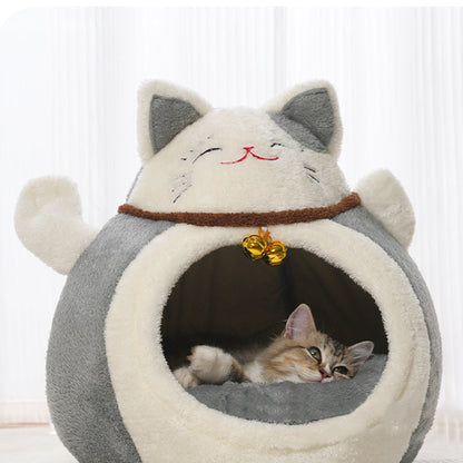 Modern Art Deco Cartoon Fortune Cat-Shaped Arctic Velvet PP Cotton Sponge 1-Tier Cozy Cat Bed For Living Room & Bedroom