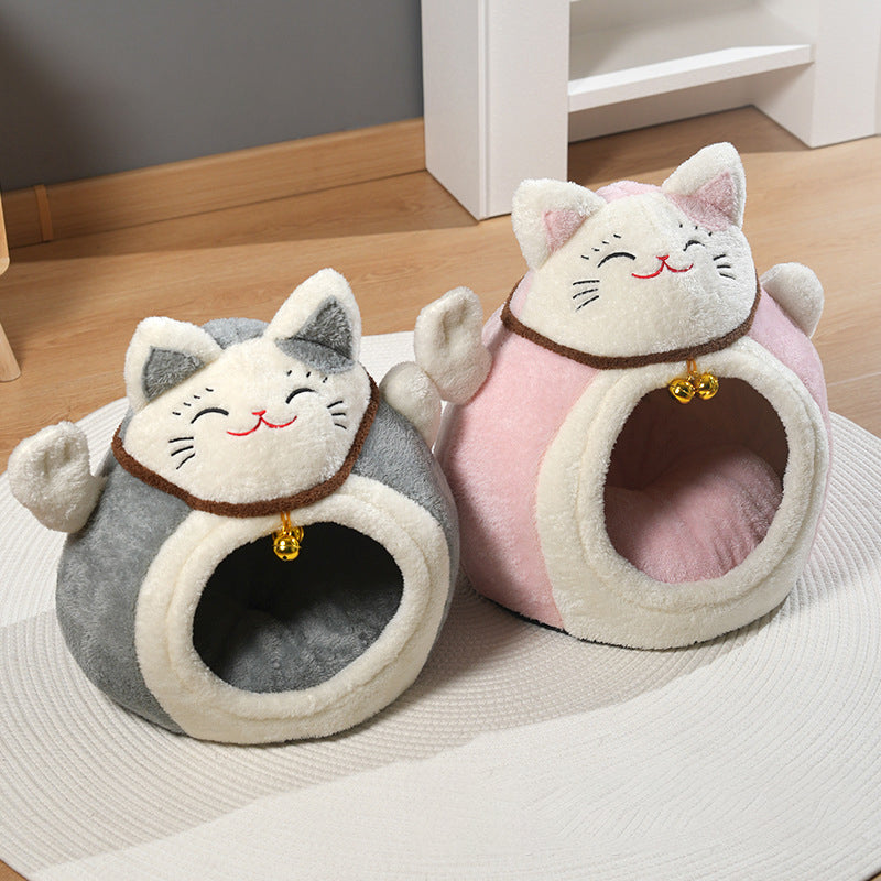 Modern Art Deco Cartoon Fortune Cat-Shaped Arctic Velvet PP Cotton Sponge 1-Tier Cozy Cat Bed For Living Room & Bedroom