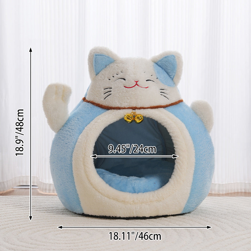 Modern Art Deco Cartoon Fortune Cat-Shaped Arctic Velvet PP Cotton Sponge 1-Tier Cozy Cat Bed For Living Room & Bedroom