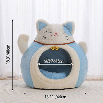 Modern Art Deco Cartoon Fortune Cat-Shaped Arctic Velvet PP Cotton Sponge 1-Tier Cozy Cat Bed For Living Room & Bedroom