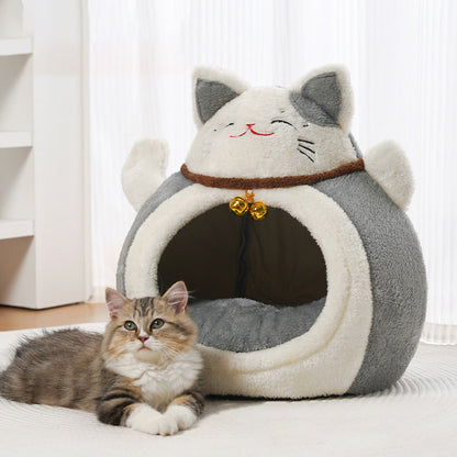 Modern Art Deco Cartoon Fortune Cat-Shaped Arctic Velvet PP Cotton Sponge 1-Tier Cozy Cat Bed For Living Room & Bedroom