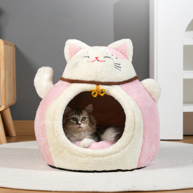 Modern Art Deco Cartoon Fortune Cat-Shaped Arctic Velvet PP Cotton Sponge 1-Tier Cozy Cat Bed For Living Room & Bedroom