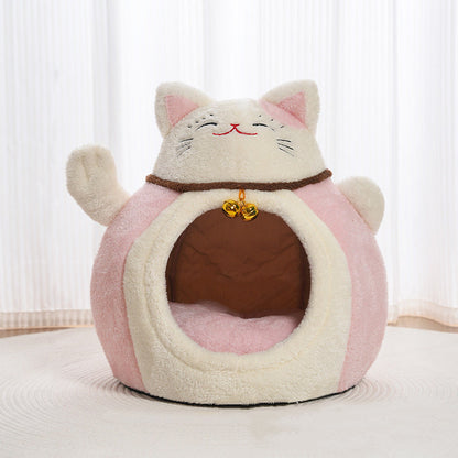 Modern Art Deco Cartoon Fortune Cat-Shaped Arctic Velvet PP Cotton Sponge 1-Tier Cozy Cat Bed For Living Room & Bedroom