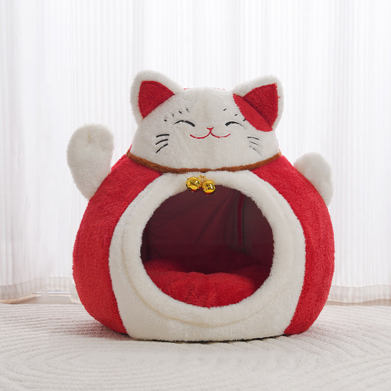Modern Art Deco Cartoon Fortune Cat-Shaped Arctic Velvet PP Cotton Sponge 1-Tier Cozy Cat Bed For Living Room & Bedroom