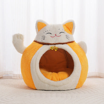 Modern Art Deco Cartoon Fortune Cat-Shaped Arctic Velvet PP Cotton Sponge 1-Tier Cozy Cat Bed For Living Room & Bedroom