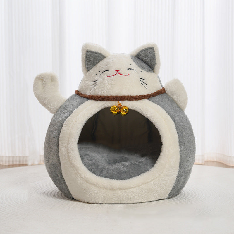 Modern Art Deco Cartoon Fortune Cat-Shaped Arctic Velvet PP Cotton Sponge 1-Tier Cozy Cat Bed For Living Room & Bedroom