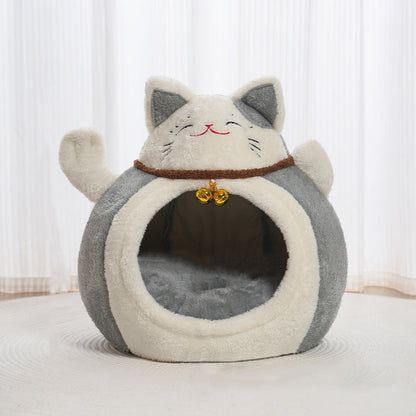 Modern Art Deco Cartoon Fortune Cat-Shaped Arctic Velvet PP Cotton Sponge 1-Tier Cozy Cat Bed For Living Room & Bedroom
