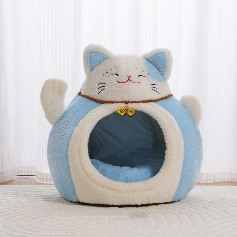 Modern Art Deco Cartoon Fortune Cat-Shaped Arctic Velvet PP Cotton Sponge 1-Tier Cozy Cat Bed For Living Room & Bedroom
