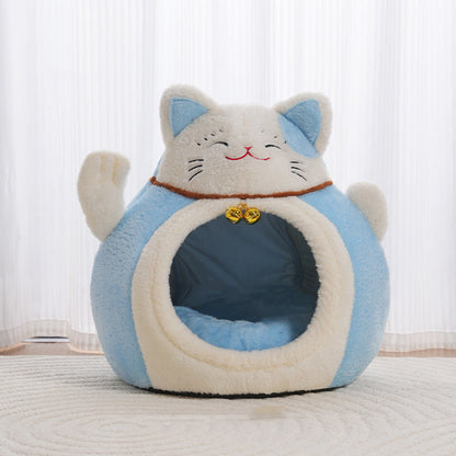 Modern Art Deco Cartoon Fortune Cat-Shaped Arctic Velvet PP Cotton Sponge 1-Tier Cozy Cat Bed For Living Room & Bedroom