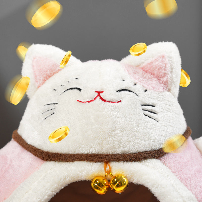 Modern Art Deco Cartoon Fortune Cat-Shaped Arctic Velvet PP Cotton Sponge 1-Tier Cozy Cat Bed For Living Room & Bedroom