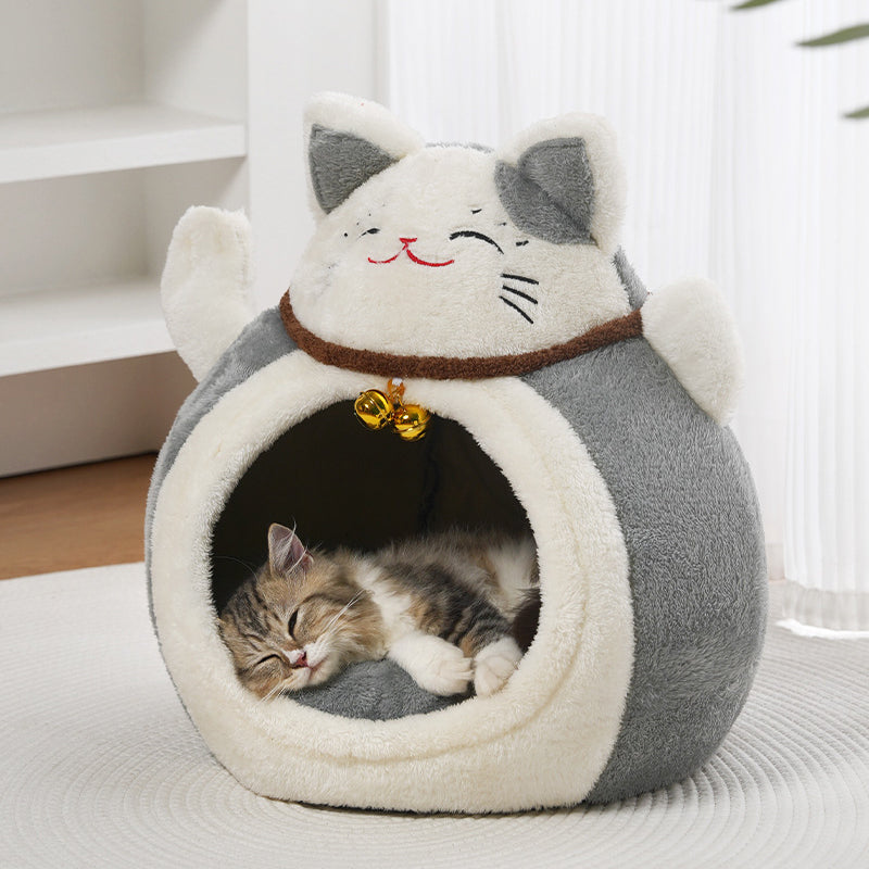 Modern Art Deco Cartoon Fortune Cat-Shaped Arctic Velvet PP Cotton Sponge 1-Tier Cozy Cat Bed For Living Room & Bedroom